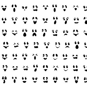 May include: A collection of black and white ghost face designs with various expressions. The image includes the file type abbreviations: SVG, PNG, EPS, DXF, and JPG.