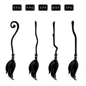 May include: Black and white graphic of four witch brooms with different handle designs. The brooms are for Halloween or other spooky themed crafts. The image also includes file type labels: SVG, PNG, EPS, DXF, and JPG.