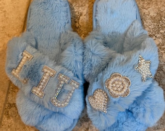 Custom Fluffy Slipper with Patches. Choose any lettering. Slippers can fit approx 8 letters.
