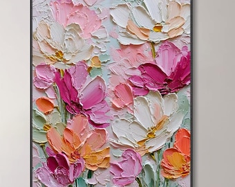 3D abstrakte rosa Blumen Ölgemälde dicke Blumen Leinwandbild Schlafzimmer vertikale Wanddekoration modern luxuriös Frühlingsdekoration