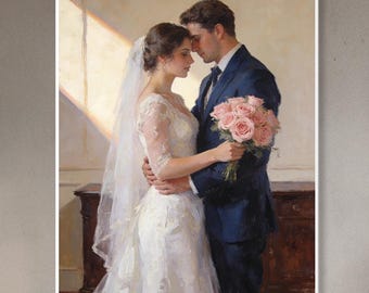 Wedding Couple Portrait Oil Painting, Hand Painted Romantic Bride Groom Rose Bouquet Wall Art Elegant Newlywed Wedding Decor Gift For Lover