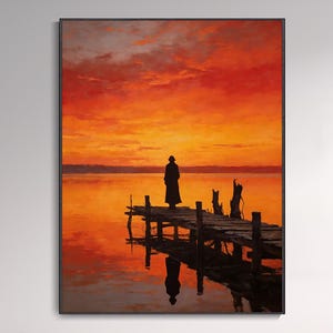 Pintura Al Óleo Figura Solitaria Atardecer Muelle Impasto Pintada A Mano Arte De Pared Paisaje Lago Lienzo Decor Salón Regalo Graduación