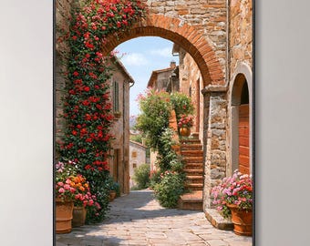 Vintage Italian Village Oil Painting, European Tuscan Floral Street Wall Art, Home Decor Thanksgiving Gift, Rose Garden Canvas Landscape Art