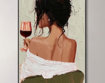 Hand Woman Red Wine Oil Painting, Modern Wine Lady Figure Artwork, Home Decor, Unique Anniversary Gift, Thick Palette Knife Texture Wall Art
