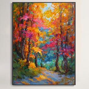 Serene Impasto Autumn Forest Oil Painting Hand Painted Bold Fall Landscape Wall Art Vibrant Tree Canvas Living Room Decor Housewarming Gift