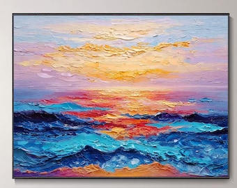 Sonnenuntergang Ozeanwelle Ölgemälde Wandbild Lebhaft Blau Orange Meereslandschaft Kunst Modernes Wohnzimmer Dekor Valentinstagsgeschenk