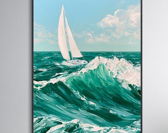 Sailboat Ocean Wave Oil Painting, Handmade Seascape Wall Art Sea Landscape Home Decor, Thanksgiving Gift, Original Nautical Textured Artwork