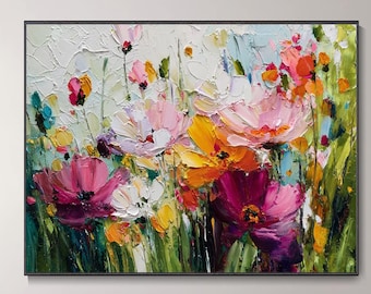 Bunte Blumen Ölgemälde 3D Blüten Landschaft Spachtelbild Wohnzimmer Deko Frühlingsgarten Wanddekoration Farbenfrohe Kunst Elegante