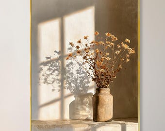 Hand Painted Vintage Still Life Oil Painting, Clay Vase Muted Dried Wildflower Canvas Wall Art Warm Sunlight Flower Decor, Thanksgiving Gift