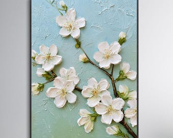 3D White Blossom Flower Canvas Oil Painting, Textured Spring Floral Wall Art, Home Decor, Birthday Gift, Botanical Palette Knife Artwork