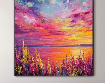 Impasto Vibrant Sunset Lake Oil Painting Hand Painted Textured Floral Shore Wall Art Multicolor Ocean Canvas Living Room Decor Summer Gift