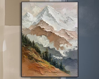 Snowy Mountain Landscape Canvas Oil Painting Forest Rock Thick Texture Knife Painting European Style Home Personalized Gift Painter Original