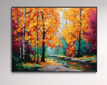 Herbst Birkenwald Bach Ölgemälde Dicke Impasto Herbstlandschaft Kunstwerk Lebendige Waldlandschaft Wanddekor Thanksgiving Geschenk Kunst