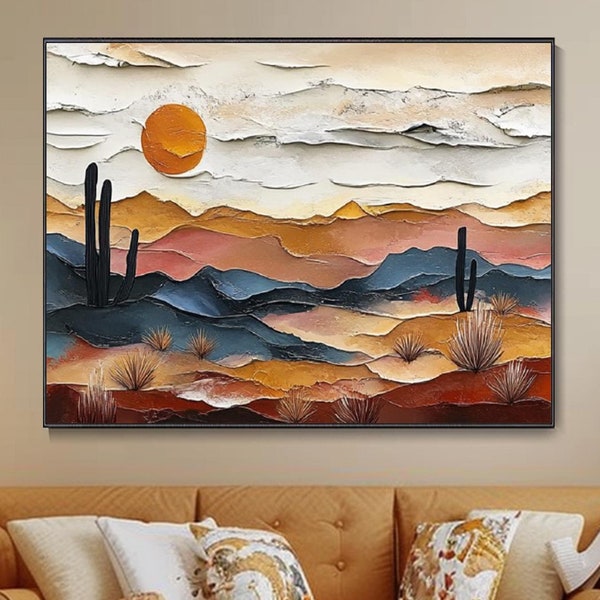 Original Wüstenkaktus Kunstwerk Wildblumen Sonnenuntergang Ölgemälde Natur Landschaft Leinwand Desert Garden Originalkunst Reiseandenken