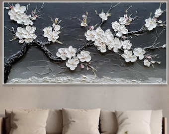 3D Cherry Blossom Impasto Floral Wall Art, Large Black White Plum Blossom Textured Oil Painting, Flower Branch Wall Decor, Housewarming Gift