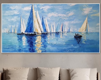 Original Segelschiff Wandbild Meereslandschaft Wellen Relief Öl auf Leinwand 3D Segelboot Bild Blau Meer Himmel Querformat Groß Wohnzimmer