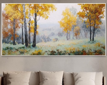 Nebeliger Herbst Birkenwald Ölgemälde Wandbild Sanft Gelb Grün Herbst Landschaftskunst Modernes Wohnzimmer Dekoration Thanksgiving Geschenk