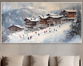 Alpines Skidorf Ölgemälde Winter Bergchalet Kunst Verschneite Skipiste Wanddekor Weihnachtsgeschenk Für Skiliebhaber Texturiertes Kunstwerk