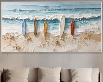 Großes Original Surfbrett Ölgemälde Strand Meer Sommer Surfen Schwimmen Urlaub Party Blau Ozean Meeresblick Leinwand Struktur Wandkunst