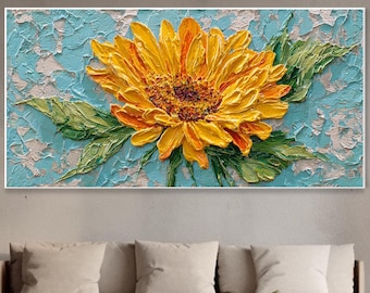 Sonnenblume Texturiertes Ölgemälde Dicke Impasto Blumen Kunstwerk Türkiser Hintergrund Wanddekor Muttertagsgeschenk Für Pflanzenliebhaber