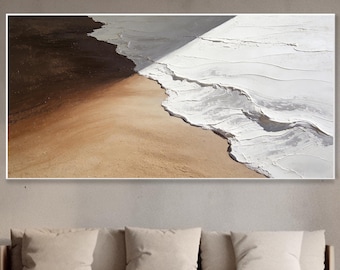 Peinture À L'huile Vague Océan Plage Impasto 3D Peinte À La Main Art Mural Côtier Épais Beige Blanc Neutre Décor Salon Cadeau D'emménagement