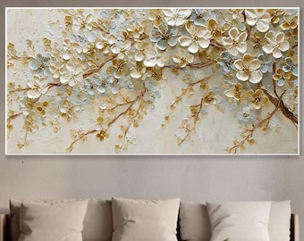 Texturiertes Ölgemälde Mit Gold-Weissen Blüten Impasto Blumen Kunstwerk Neutraler Wanddekor Jahrestagsgeschenk Für Sie Palettenmesser Kunst