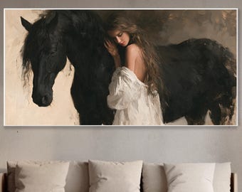 Woman Black Horse Oil Painting, Equestrian Portrait Vintage Figurative Wall Artwork, Bedroom Decor, Christmas Gift, Palette Knife Canvas Art