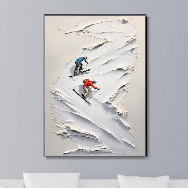 Original Ölgemälde Skirennen Sportkunst Leinwand Skifahrer 3D Weiß Schwere Textur Palettenmesser Malerei Moderne Minimalismus Haus