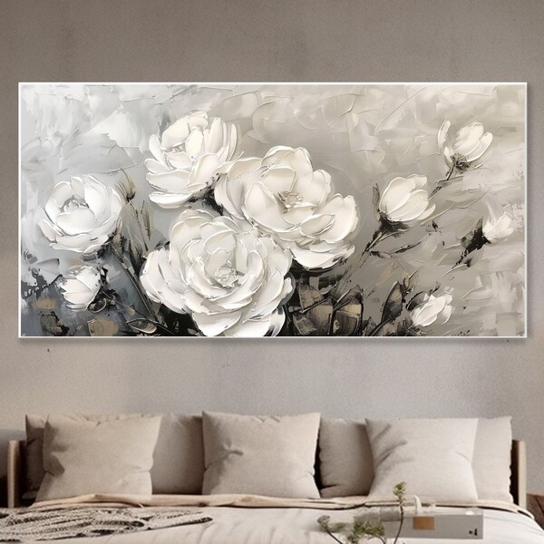 Peinture abstraite de fleurs blanches à texture épaisse au couteau dans une tonalité grise Décor mural artistique végétal wabi-sabi