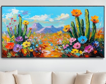 Vibrant Desert Cactus Wildflower Oil Painting Impasto Landscape Artwork Colorful Wall Decor Birthday Gift For Nature Lover Palette Knife Art
