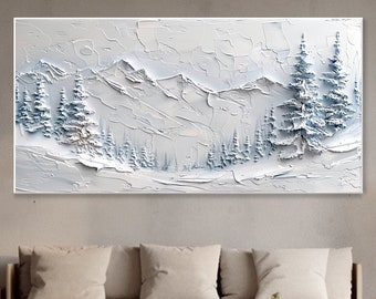 Abstract Winter Landscape Oil Painting Pine Tree Scene Knife Art Christmas Gift Ink Style Artwork 3D Snowy Mountain Forest Living Room Decor