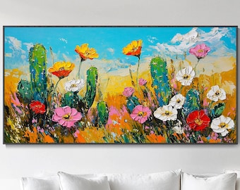 Original Vibrant Desert Cactus Wildflower Oil Painting Hand Painted Textured Floral Wall Art Bright Sky Living Room Decor Mother's Day Gift