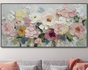 Abstrakte Blumen Ölgemälde Impressionistisch Frühling Bunte Blüten Strukturiert Spachteltechnik Schlafzimmer Deko Groß Boho Blumen Skandi