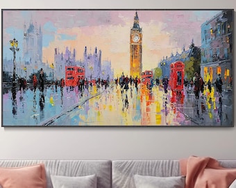 London Big Ben Stadtlandschaft Ölgemälde Texturiertes Wandbild Lebhafte Regnerische Straße Bus Kunst Modernes Wohnzimmer Dekor Reisegeschenk