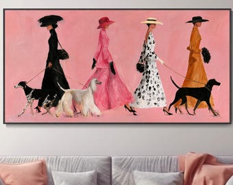 Pink Girl Dog Trendy Wall Art, Fashion Women Oil Painting, Colorful Portrait Wall Art, Chic Canvas Home Decor Christmas Gift Vibrant Artwork