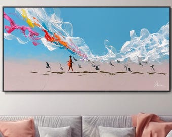 Abstract Figure Oil Painting, Colorful Ribbon Art Living Room Decor, Thanksgiving Gift, Original Textured Canvas Wall Art, Modern Artwork