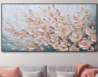 Traumhafte rosa Blumen Ölgemälde mit dickem Relief 3D Spachteltechnik Original Blumen Landschaft Kunst Romantische Schlafzimmer Dekoration