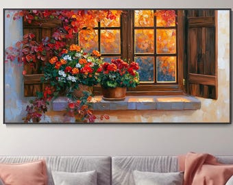 Autumn Window Floral Oil Painting, Rustic Cottage Wall Art Home Decor Thanksgiving Gift Countryside Impasto Floral Artwork Living Room Decor