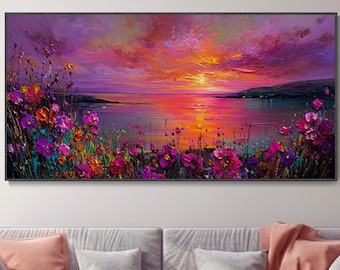 Dipinto Ad Olio Lago Al Tramonto Vibrante Di Fiori Selvatici Dipinto A Mano Arte Riva Floreale Rosa Decor Soggiorno Regalo Festa Della Mamma
