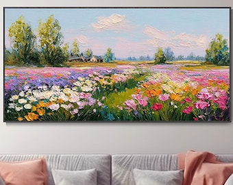Abstrakte ländliche Wildblumen Wandkunst Handgemalte dicke Texturen Messermaler Moderne Blumen-Landschaft Wohnzimmerdekoration