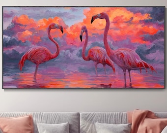 Pintura Al Óleo Original Flamenco Rosa Atardecer Laguna Arte De Pared Ave Tropical Lienzo Cielo Vibrante Decor Salón Regalo San Valentín