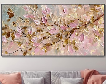 3D Texturiertes Ölgemälde Mit Rosa Gold Blüten Impasto Blumen Kunstwerk Pastell Zweig Wanddekoration Hochzeitsgeschenk Palettenmesser Kunst