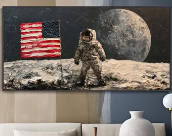 Hand Painted Astronaut Moon Oil Painting, Space Art Living Room Decor Fathers Day Gift Textured Canvas Wall Art Cosmic American Flag Artwork