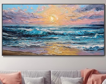 Sonnenuntergang Am Meer Ölgemälde Texturiertes Palettenmesser Kunst Küstenwellenkunst Sonnenuntergang Am Strand WanddekorEinweihungsgeschenk