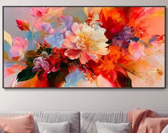 Vibrant Floral Oil Painting, Hand Painted Peony Bouquet Wall Art, Colorful Flower Decor, Valentine Gift, Bedroom Modern Textured Canvas Art