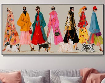 Fashion Women Oil Painting, Colorful Portrait Art, Women Dog Trendy Wall Art, Chic Canvas Hand Home Decor, Christmas Gift, Vibrant Artwork