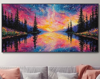 Sterrenhemel Zonsondergang Olieverfschilderij Noorderlicht Landschap Kunstwerk Bosreflectie Muurdecoratie Kerstcadeau Voor Natuurliefhebber