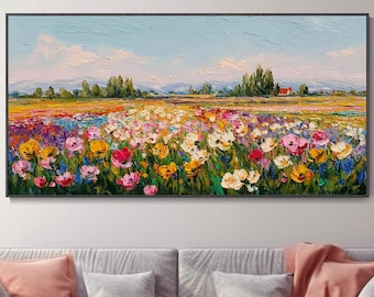 Abstrakte ländliche Wildblumen Wandkunst Handgemalte dicke Texturen Messermaler Moderne Blumen-Landschaft Wohnzimmerdekoration