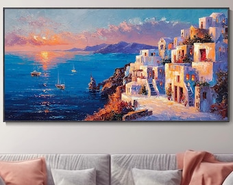 Santorini Sonnenuntergang Ölgemälde Griechisches Inseldorf Kunstwerk Ägäisches Meer Wanddekoration Geburtstagsgeschenk Reisefreund  Kunst