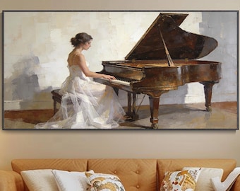 May include: A framed painting depicts a woman in a white dress playing a grand piano. The piano is brown with a raised lid. The painting hangs above a tan sofa with decorative pillows. The room has a warm, inviting atmosphere.